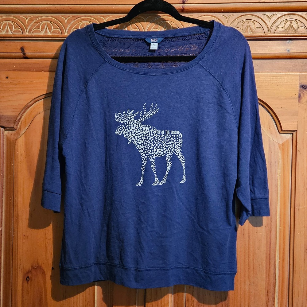 Women's Navy Blue MV Sport Moose Graphic 3/4 Sleeve Lace Back‎ Shirt Size XL